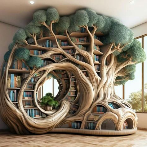 Unique Book Shelf, Book Shelf Ideas, Baby Powder Uses, Library At Home, Tree Bookcase, Casa Hobbit, Beautiful Bookshelf, Creative Bookshelves, Tree Bookshelf