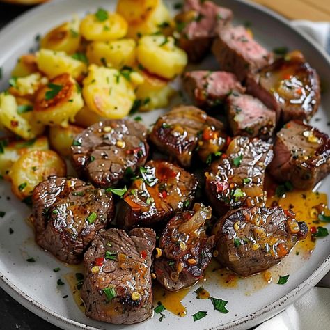 Garlic Butter Steak Bites and Cheesy Smashed Potatoes - Cuts Food Steak Potato Bites, Garlic Steak Bites And Potatoes, Garlic Butter Steak Bites, Butter Steak Bites, Butter Steak, Garlic Butter Steak, Hot Dish, Steak Butter, Gourmet Dinner