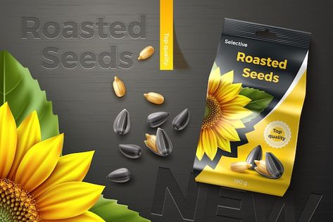 Roasted sunflower seeds package design | Premium Vector #Freepik #vector #snack-bag #snack-packaging #food-bag #packing-bag Seeds Packaging, Roasted Sunflower Seeds, Seed Packaging, Food Cartoon, Cartoon Bag, Vector Banner, Sunflower Seeds, Package Design, Label Design