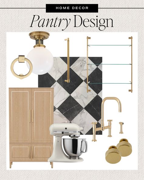 Our Pantry Design Black And White Tile Pantry, Pantry Tile, Gold Paint Colors, White Pantry, Cella Jane, Pantry Cupboard, Benjamin Moore White, Modern Shelf, Fall Front Porch Decor