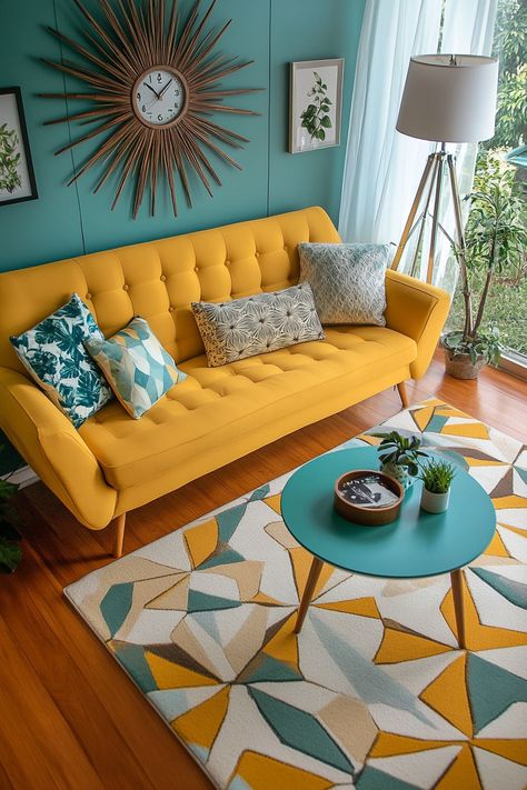 Brighten your living room decor with this vibrant yellow sofa and geometric accents. The mix of teal and mustard hues brings warmth and personality to any space. Perfect for a modern and inviting atmosphere. #LivingRoomDecor #HomeStyle #InteriorDesign Blue Yellow Green Living Room, Mustard Yellow And Teal Living Room, Teal And Yellow Living Room, Yellow Couch Living Room Ideas, Mustard Yellow Sofa, Teal Sofa Living Room, Mustard Living Rooms, Mustard Sofa, Funky Office