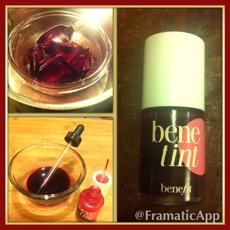 Make your own organic "Benetint" ~ 1 small beet chopped, 1 pinch dried Hibiscus Flowers, 2 TBS Vegetable Glycerine. Place in double boiler for 30 mins to simmer. Bottle in your old Benetint bottle! Stain is beautiful on cheeks and lips! Easy and NO chemicals! Lip Tint Diy, Homemade Primer, Diy Makeup Foundation, Eco Makeup, Dried Hibiscus Flowers, Homemade Makeup, Wives Tales, Natural Hair Treatments, Natural Beauty Diy