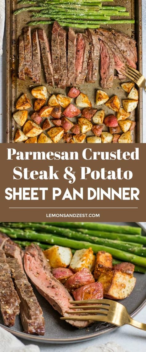 Dinner on one pan with this Parmesan Crusted Steak and Potato Sheet Pan Dinner means simple and delicious dinner without the extra dishes! Juicy flank steak and crispy potatoes served with asparagus. A full meal on one pan! #dinner #sheetpandinner #dinnerrecipe #easyrecipe #dinnertime #steak #steakandpotatoes Potato Sheet Pan Dinner, Potato Sheet Pan, Parmesan Crusted Steak, Crusted Steak, Steak Potatoes, Parmesan Crusted, Crispy Potatoes, Steak Dinner, Flank Steak