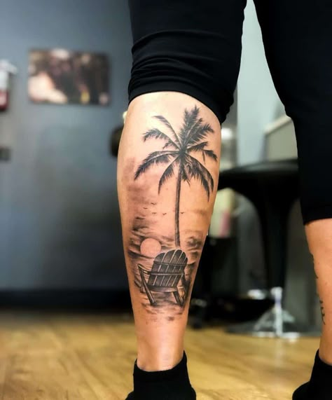 Palm Tree With Sunset Tattoo 1 Palm Tree Sleeve Tattoo Women, Womens Back Of Calf Tattoo, Beach Calf Tattoo, Beach Sunset Tattoos For Women, Palm Tree Beach Tattoos, Freedom Tattoo Men, Palm Tree Tattoo Arm, Palm Trees And Mountains Tattoo, Two Palm Trees Tattoo