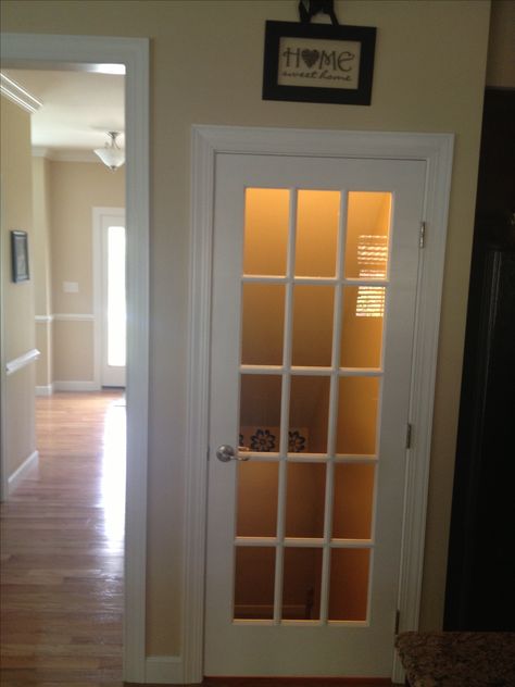 French Door to Basement Glass Door Basement Stairs, Door For Basement Stairs, Glass Door To Basement, French Door To Basement, Interior Basement Door Ideas, Basement Door In Kitchen, Basement Door Ideas Interior, Basement Door Ideas, Door To Basement