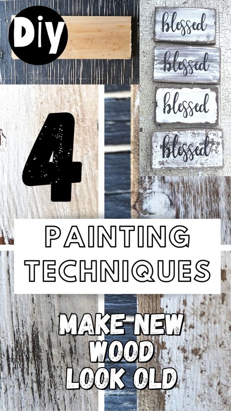 How To Do Rustic Paint On Wood, How To Paint Wood To Look Distressed, How To Make Wood Look Old Rustic Vintage Signs, How To Rustic Paint Wood, Wood Painting Techniques Diy, Making Wood Look Old, How To Make Distressed Wood, Diy Rustic Painting, Distress Wood Diy Paint Techniques