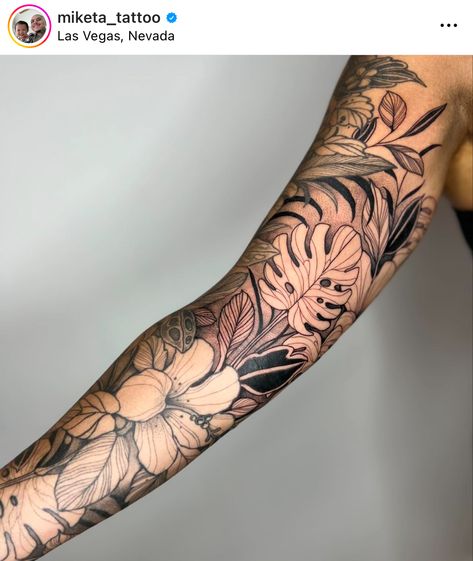 Forearm Sleeve Flowers, Two Different Style Tattoo Sleeves, Jungle Tattoos For Women, Jungle Floral Tattoo, Flower And Leaves Tattoo Sleeve, Woman Plant Tattoo, Tropical Floral Tattoo Sleeve, Lily Leaves Tattoo, Jungle Themed Leg Sleeve Tattoo