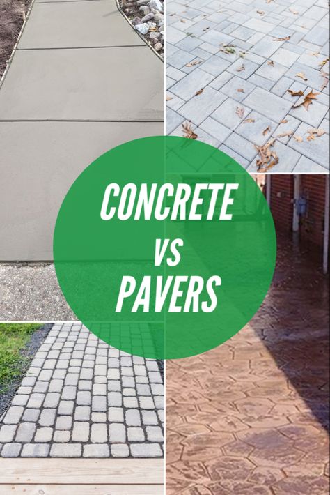 Trying to decide between pavers or concrete for your new patio or driveway update? You probably have questions about price, installation, maintenance, and more. Check out these six important differences between concrete and pavers to help you make your decision! Large Concrete Pavers Patio, Cement And Paver Patio, Concrete Patio Pavers Ideas, Concrete Paver Driveway Ideas, Driveway Update, Concrete Paver Driveway, Cheap Pavers, Concrete And Pavers, Large Concrete Pavers