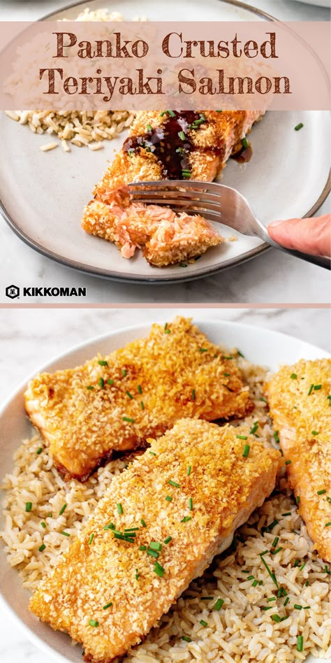 Panko-Crusted Teriyaki Salmon | This breaded baked salmon is a classy (and easy!) alternative to fish and chips. A 10-minute fish marinade brings an extra layer of teriyaki flavor to the mix, and Kikkoman® Panko Bread Crumbs are the easiest way to get an amazing crispy crust without frying. Salmon is an excellent source of protein and rich with omega-3 fatty acids. Oven-bake your fish for a healthy meal, then serve with French fries, baked polenta fries, or even zucchini fries! #Kikkoman Salmon With Bread Crumbs Oven Baked, Salmon Bread Crumbs Recipe, Salmon With Panko Bread Crumbs, Panko Salmon Air Fryer, Panko Salmon Recipes, Breaded Salmon Recipes, Panko Salmon, Salmon Panko, Panko Crusted Salmon