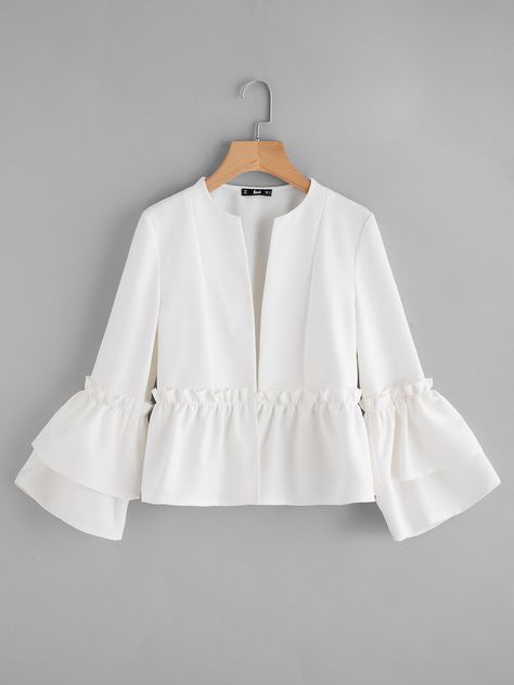 Shop Tiered Bell Sleeve Frill Detail Peplum Blazer online. SheIn offers Tiered Bell Sleeve Frill Detail Peplum Blazer & more to fit your fashionable needs. Peplum Sleeves, Blouse Outfit Casual, Tiered Sleeve, Peplum Blazer, Elegant Blazers, Fancy Tops, Fashion Tops Blouse, Sleeves Designs For Dresses, Trendy Fashion Tops