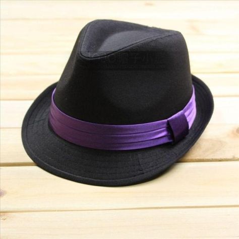 Fitted Purple Costume Hat With Short Brim, Jazz Hat, Adjustable Purple Fedora With Short Brim, Elegant Fitted Purple Top Hat, Purple Fitted Top Hat With Short Brim, Elegant Purple Flat Brim Hat, Black Fedora Hat, Black Fedora, Purple Ribbon