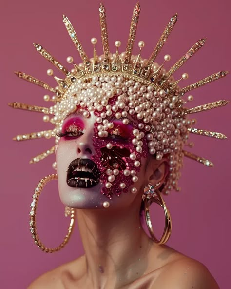 Ornate headdress, colorful face, dark lipstick, pink background. Scary Unicorn Makeup, Black Fantasy Makeup, Colorful Editorial Makeup, Fantasy Look Makeup, Creative Makeup Looks Colorful, Fantasy Makeup Ideas Creative, Creative Face Makeup, Metal Headdress, Sfx Makeup Looks