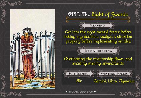 The Eight of Swords Tarot | The Astrology Web Eight Of Swords Tarot, 8 Of Swords, Six Of Swords, Swords Tarot Meaning, Eight Of Swords, Tarot Interpretation, Tarot Significado, Tarot Cards For Beginners, Swords Tarot