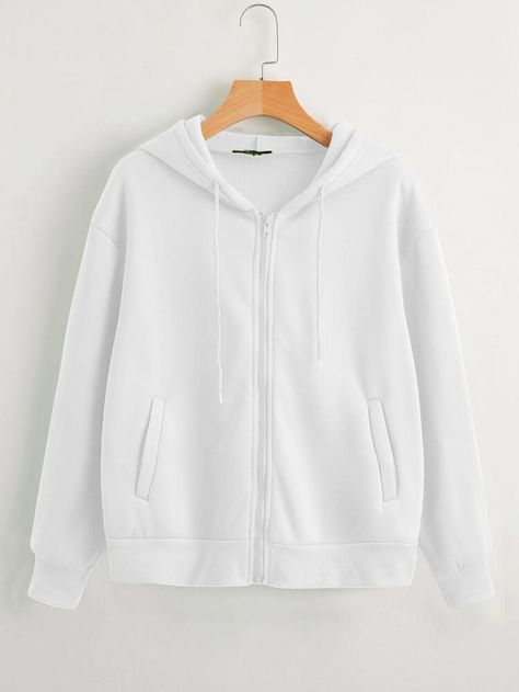 Free Returns ✓ Free Shipping On Orders $49+ ✓. Zip-Up Drawstring Hoodie- Women Sweatshirts at SHEIN. Stylish Outfits Casual, Thermal Hoodie, Stylish Hoodies, Women Sweatshirts, Zip Up Hoodies, White Jacket, Drawstring Hoodie, White Casual, White Hoodie