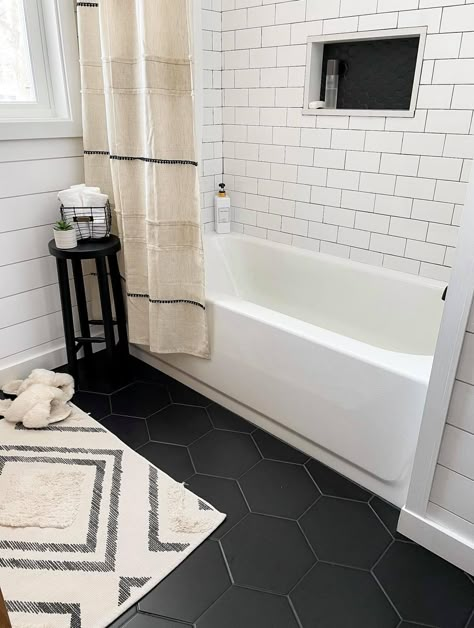 Bathroom Remodel - Clothed In Grace Hexagon Tile Bathroom Shower Wall, Black Hexagon Tile Bathroom Floor, Dark Bathroom Floor Tile, Black Hexagon Tile Bathroom, Black Tile Bathroom Floor, Hexagon Tile Bathroom Floor, Black Bathroom Floor, Hexagon Tile Bathroom, Tile Bathroom Floor