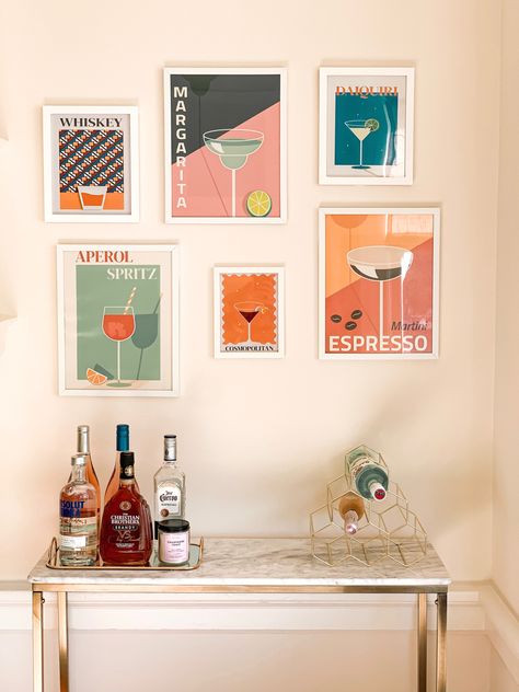 Bar Wall Collage, Pictures Above Bar Cart, Bar Cart Prints Colorful, Cute Bar Cart Signs, Bar Cart Sign Ideas, Bar Cart Art Prints, Gallery Wall Bar Cart, Bar Cart Photo Wall, Bar Cart Picture Wall