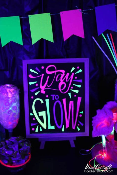 Glow in the Dark Party at Home Graduation Celebration! Glow In The Dark Party Signs, Graduation Glow Party, Glow Party Sign Ideas, Glow Party Decorations Dollar Stores, Glow Paint Party Ideas, Glow In The Dark Graduation Party Ideas, Glow In The Dark Homecoming Theme, Glow Party Signs, Glow In The Dark Poster Ideas