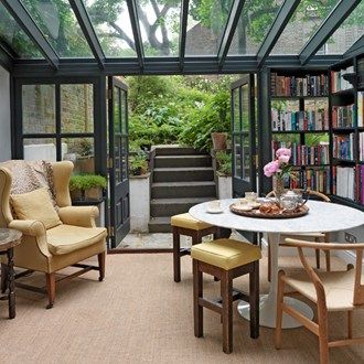 Bridie Hall's conservatory Small Conservatory, Glass Conservatory, City Garden, Covent Garden, Spacious Living Room, Modern Glass, Raised Beds, Glass House, Shade Garden