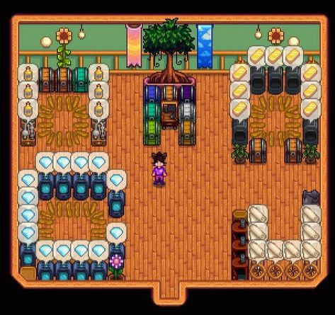 Stardew Valley Shed Layout with furnace in top right corner, oil maker in top left corner, Crystalarium in bottom left corner, wool in bottom right corner. Stardew Valley Furnace, Stardew Valley Shed Ideas, Stardew Valley Shed Layout, Stardew Valley Decoration Ideas, Shed Layout, Stardew Valley Ideas, Stardew Valley Layout, Stardew Valley Farms, Shed Designs