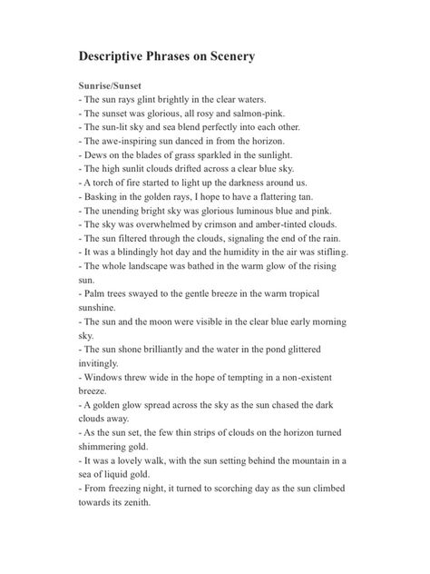 Descriptive Phrases On Scenery, Weather Description Writing, Sunset Description Writing, How To Describe A Sunset In Writing, Rain Description Writing, Beautiful Descriptions Of People, Scenery Description Writing, How To Describe Weather In Writing, How To Describe The Night Sky