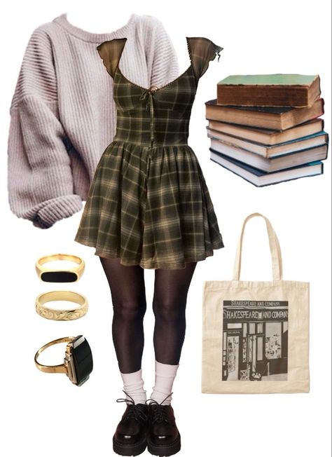 Feral Academia Aesthetic Outfit, Plaid Dress Outfit Fall, Thrifted Outfit Ideas, Smile Makeup, Dress With Tights, School Outfit Ideas, Fall School, Academia Outfits, Cottagecore Outfits