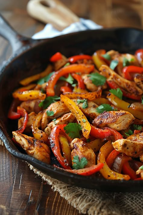 Skillet of cooked chicken and colorful bell peppers garnished with cilantro. Recipes For Fajitas, Chicken Recipes Bell Peppers, Chicken Fajita Stuffed Peppers, What To Serve With Chicken Fajitas, Chicken Fajita Bowl Recipe, Fajitas Aesthetic, Chicken Breast Mexican Recipes, Chicken Skillet Recipes Easy, Healthy Chicken Fajita Recipe