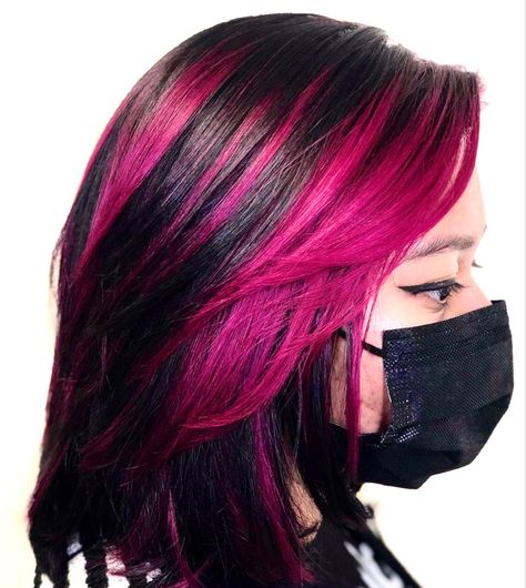 pink and black skunk stripes hair Black Hair Pink Highlights, Hair Dye Black Hair, Highlights Pink Hair, Dye Black Hair, Draculaura Hair, Hair Dye Black, Highlights Pink, Pink Hair Highlights, Hair Stripes