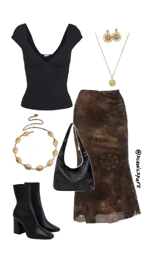 #ootd #outfits #earthy #midiskirt #brownandblack Earth Tone Concert Outfit, Brown 90s Outfit, Soft Earthy Aesthetic Outfit, Earthy Indie Outfits, Long Skirt Going Out Outfits, Boho Everyday Outfits, Casual Game Night Outfit, Earthy Elegant Outfit, Elegant Earthy Outfits