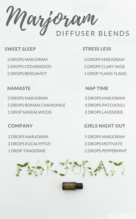 Marjoram Diffuser Blends Marjoram Diffuser Blends, Sandalwood Diffuser Blends, Rosemary Diffuser Blends Doterra, Sandalwood Diffuser Blend, Bergamot Patchouli Diffuser Blend, Marjoram Essential Oil, Doterra Diffuser Blends, Doterra Essential Oils Recipes, Essential Oil Diffuser Recipes