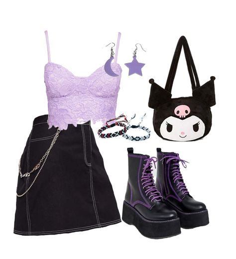 Black And Purple Clothes, Purple Emo Outfits, Kuromi Outfit Inspired, Black And Purple Outfit Ideas, Kuromi Skirt, Kuromi Outfit Aesthetic, Kuromi Outfit Ideas, Summer Las Vegas Outfits, Kuromi Pants