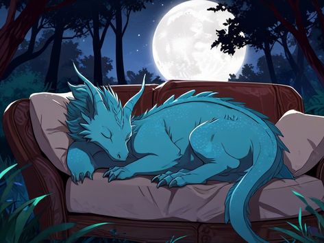 Dragon sleeping on sofa forest moonlight fullmoon nigh 1 Forest Moonlight, Dragon Sleeping, Sleeping Dragon, Book Illustrations, Drawing Ideas, Picture Book, Forest, Sleep, Illustrations