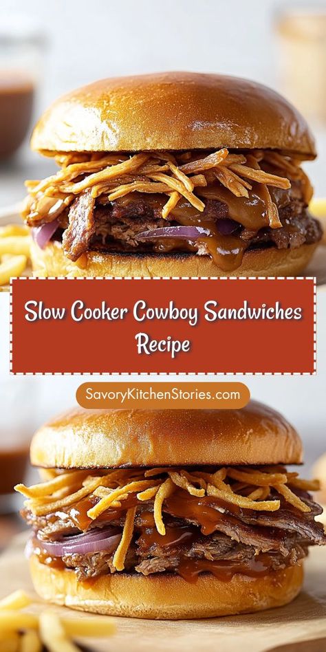 Want to impress your guests with minimal effort? Slow Cooker Cowboy Sandwiches are your answer! These flavorful sandwiches are perfect for gatherings or busy weeknights. Be sure to save this tasty recipe for your Crockpot Recipes collection and make mealtime a breeze! Sandwiches With Bacon, Hot Beef Sandwiches, Bbq Beef Sandwiches, Crispy Fried Onions, Beef Sandwich Recipes, Bbq Sandwich, Beef Sandwiches, Crowd Pleasing Recipes, Bbq Beef