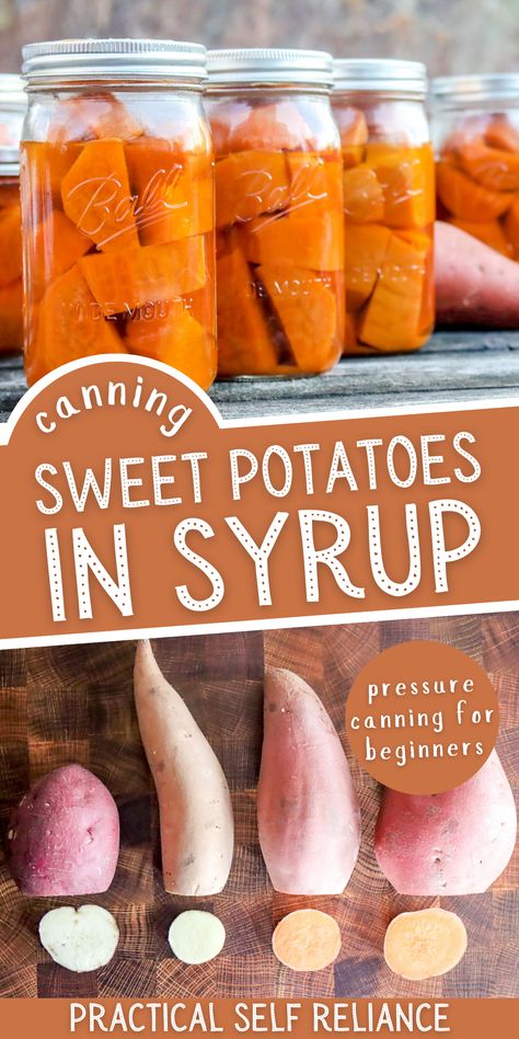 Pressure Canning Sweet Potatoes, Canning Sweet Potatoes In Syrup, Canning Scalloped Potatoes, Canning Sweet Potatoes Raw Pack, Canning Sweet Potatoes Recipes, Potato Canning Recipes, How To Can Sweet Potatoes, Sweet Potato Canning Recipes, Canning Sweet Potatoes Water Bath