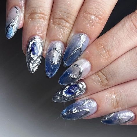 Navy And Silver Nails, Nails Builder Gel, Blue And Silver Nails, Opal Nails, Sky Nails, Wow Nails, Nail Art Studio, Cute Nail Art Designs, Blue Y2k