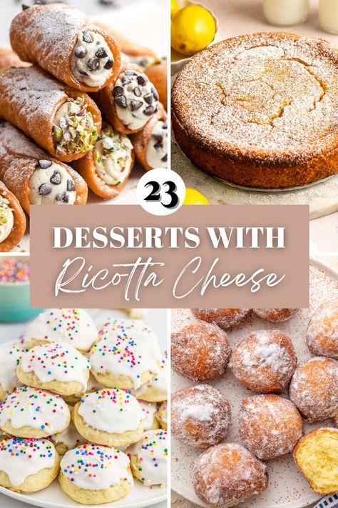 A large mound of cannolis, ricotta cake, ricotta cookies and ricotta doughnuts. Leftover Ricotta Recipes, Ricotta Deserts Recipes, Recipes With Ricotta Cheese Dessert, Lemon Ricotta Desserts, Recipe With Ricotta, Desserts Made With Ricotta Cheese, Desserts With Riccota Cheese, Easy Ricotta Dessert, What To Do With Ricotta Cheese