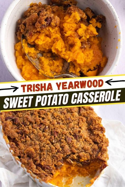 This Trisha Yearwood sweet potato casserole recipe makes the most delicious souffle! Learn the easy recipe, plus, get tips for the best casserole every time. Mashed Sweet Potatoe Casserole Recipes, Sweet Potato Casserole Souffle, Trisha Yearwoods Sweet Potato Souffle, Trisha Yearwood Thanksgiving Recipes, Sweet Potato Casserole Trisha Yearwood, Yummy Sweet Potato Casserole Allrecipes, Sweet Tater Casserole, Paula Seems Sweet Potato Casserole, Best Sweet Potato Recipes Casserole