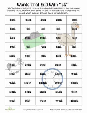 First Grade Phonics Worksheets: Words Ending in Ck Ck Worksheets First Grade, Ck And Ll Ending Words, Words Ending With Y, Ck Ending Words, Ck Words Worksheet, Ck Worksheets, Ck Digraph, Ck Words, Phonics Blends