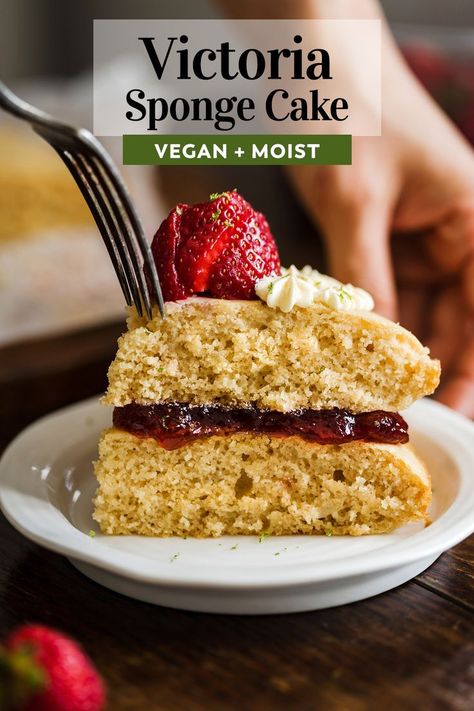 Vegan Victoria Sponge Cake (with gluten-free version) Vegan Sponge Cake, Vegan Victoria Sponge, Fluffy Sponge Cake, British Desserts, Cake With Buttercream, Eggless Cake Recipe, Victoria Sponge Cake, Sugar Icing, Eggless Cake