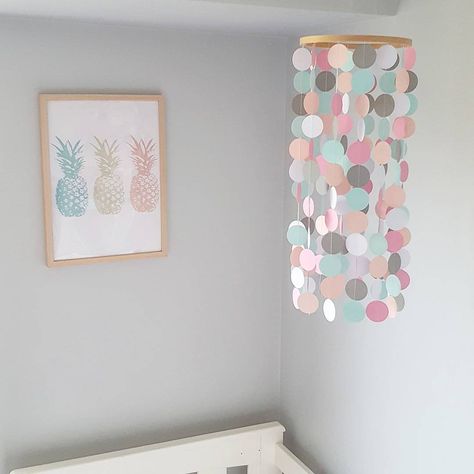 Pastel pinks, mint, grey & white 💖 • • • •… Cupcake Bedroom, Paper Mobiles, Aqua Nursery, Twins Nursery, Paper Mobile, Mint Grey, Baby Mobiles, Pink And Mint