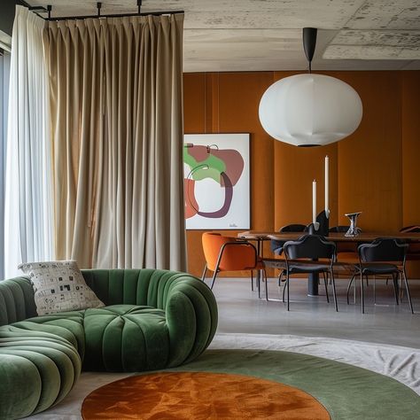 Love a ceiling mounted curtain #velvet #green #orange #interior #midjourney #aiinteriors Green And Orange Interior, Green Orange Interior, Mcm Curtains, Curtain Velvet, Orange Curtains, Orange Interior, Orange House, Green Bedding, Mood And Tone