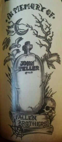 In Memory Of John Teller Tombstone Tattoo Ideas, Sons Of Anarchy Tattoo Ideas, Jax Teller Tattoos, Samcro Tattoo, Sons Of Anarchy Drawing, Anarchy Tattoo Ideas, Tattoos For Sons, Jax Tattoo, Sons Of Anarchy Tattoo