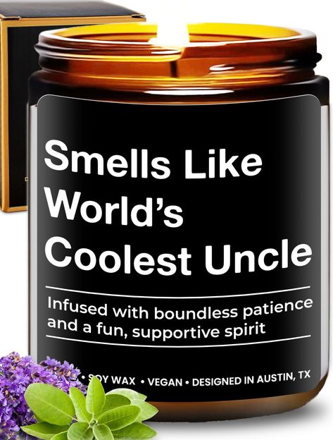 PRICES MAY VARY. 🔸 Perfect Gift for Uncles: These wood wick candles are a thoughtful way of showing love to your uncle! It is a best uncle gifts from niece, gifts for uncle, & uncle gifts from niece for Father's Day, Birthday, and Christmas. 💠 Long-lasting Scent: With its lavender and sage scent, these wood wicked candles will surely make the room smell refreshing and relaxing for hours! This is a great addition to the living room, bedroom, bathroom, home office, or any part of the home. This wood wick candle that says "Smells Like World's Coolest Uncle" is a special gift designed for loving uncles. 💠 Gift Ready: Our scented candle comes with a beautiful box which makes it a unique Father's day gift. No need to buy a separate gift wrap or box because this is gift-ready! Ideal gifts for What To Get Your Uncle For Christmas, Uncle Christmas Gifts, Christmas Gifts For Aunts And Uncles, Gift Ideas For Uncle, Gifts For Uncle From Niece, Christmas Gifts For Uncles, Christmas Gifts For Aunts, Specialty Candles, Cool Uncle