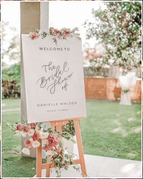 Wedding Signs - If you found what you love, it's very important that you act immediately - Visit For More! Welcome Wedding Shower Sign, Bridal Shower Easel Sign, Bridal Shower Patio Decor, Welcome Shower Sign, Rose Gold And White Bridal Shower Decor, Bridal Shower Brunch And Bubbly, Floral Bridal Shower Theme Outfits, Engagement Party Outdoor Decorations, Garden Bridal Shower Backdrop