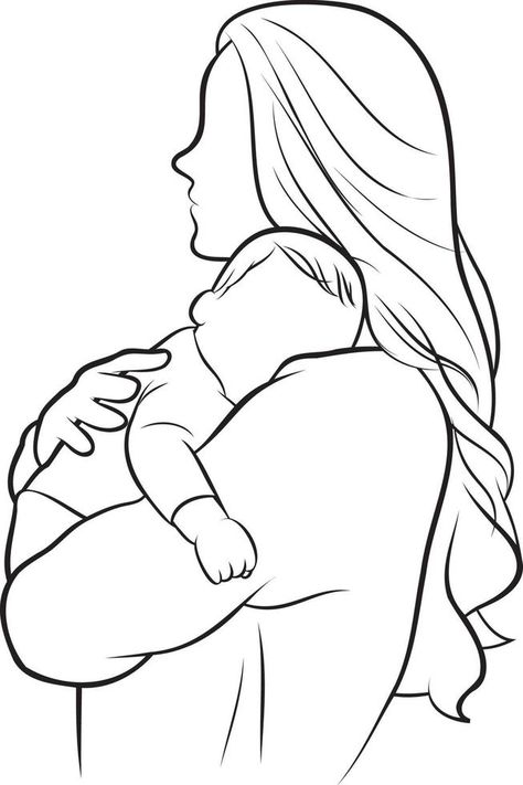 Mother and Kid Line Drawing. Mother And Child Drawing, Mom Drawing, Baby Coloring Pages, Kitten Drawing, Children Sketch, Kids Line, Baby Drawing, Desenho Tattoo, Mom Art