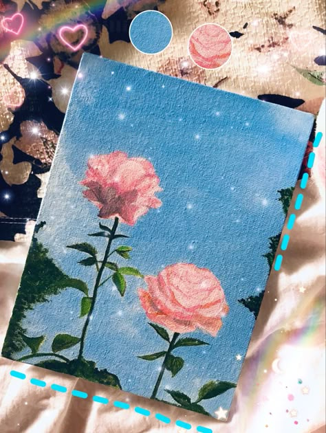 Rose Painting Ideas On Canvas, Pink Painting Acrylic, Blue Nature Painting, Canvas Art Pink Aesthetic, Aesthetic Paintings Simple, Pink Acrylic Painting Ideas, Valentines Painting Aesthetic, Rose Painting Simple, Pretty Paintings Aesthetic