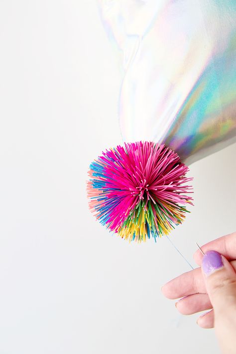 DIY Koosh Ball Pillows | studiodiy.com | Que recuerdos! Koosh Ball, Studio Diy, 90s Inspired, Pom Poms, Home Diy, Pom Pom, Pillows, Sewing, Color