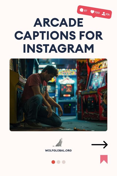 Man squatting in an arcade with overlay text "Arcade Captions for Instagram."
A promotional graphic with video game-themed statements, check marks, and a CTA button.
Promotional image for WolfGlobal.org featuring a happy woman with a laptop, social media icons, and engagement boost offer. Arcade Ig Captions, Arcade Instagram Captions, Arcade Captions, Arcade Captions For Instagram, Game Captions For Instagram, Score Hero, Dance Dance Revolution, Cute Captions, Clever Captions