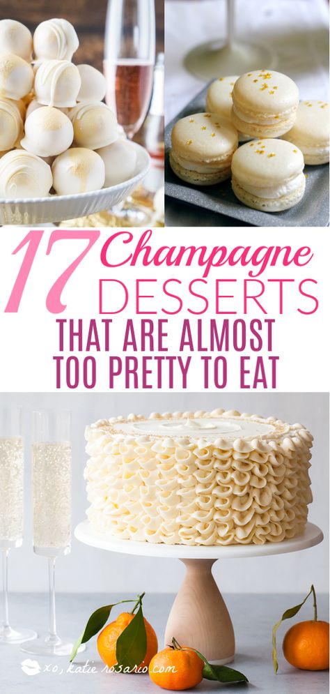 17 Champagne Desserts That Are Almost Too Pretty To Eat | Champagne is a luxurious ingredient that elevates each dessert and makes them the star of the show. These desserts taste not only incredible like a glass of champagne but also look stunning. These Champagne desserts are rich and decadent and perfect for celebrating Mother’s Day, Bridal Showers or just because it’s the weekend! #xokatierosario #champagnedesserts #champagnerecipes #mothersdayrecipes Sweet Champagne, Champagne Recipe, Jelly Roll Cake, Champagne Chocolate, Champagne Truffles, Champagne Cupcakes, Champagne Cake, Macaron Cookies, Strawberry Cake Mix