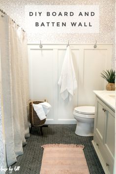 Diy Bathroom Accent Wall, Bathroom Board And Batten, Board And Batten Diy, Bathroom Accent Wall Ideas, Diy Board And Batten Wall, Batten Diy, Makeover Kamar Mandi, Diy Board And Batten, Small Apartment Bathroom