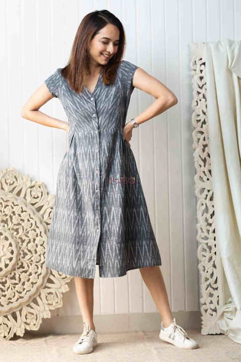 Kessa Kcb47 Livia Ikkat Mid Length Dress Look 1 Ikkat Outfits Indian Fusion, Simple Aline Dress Pattern, Ikkat Dress Designs Women, Aline Frock Design, Ikkat Dresses Designs, Ikkat Short Frocks, Aline Frocks For Women, Aline Dresses For Women, Ajarak Print Dress Design